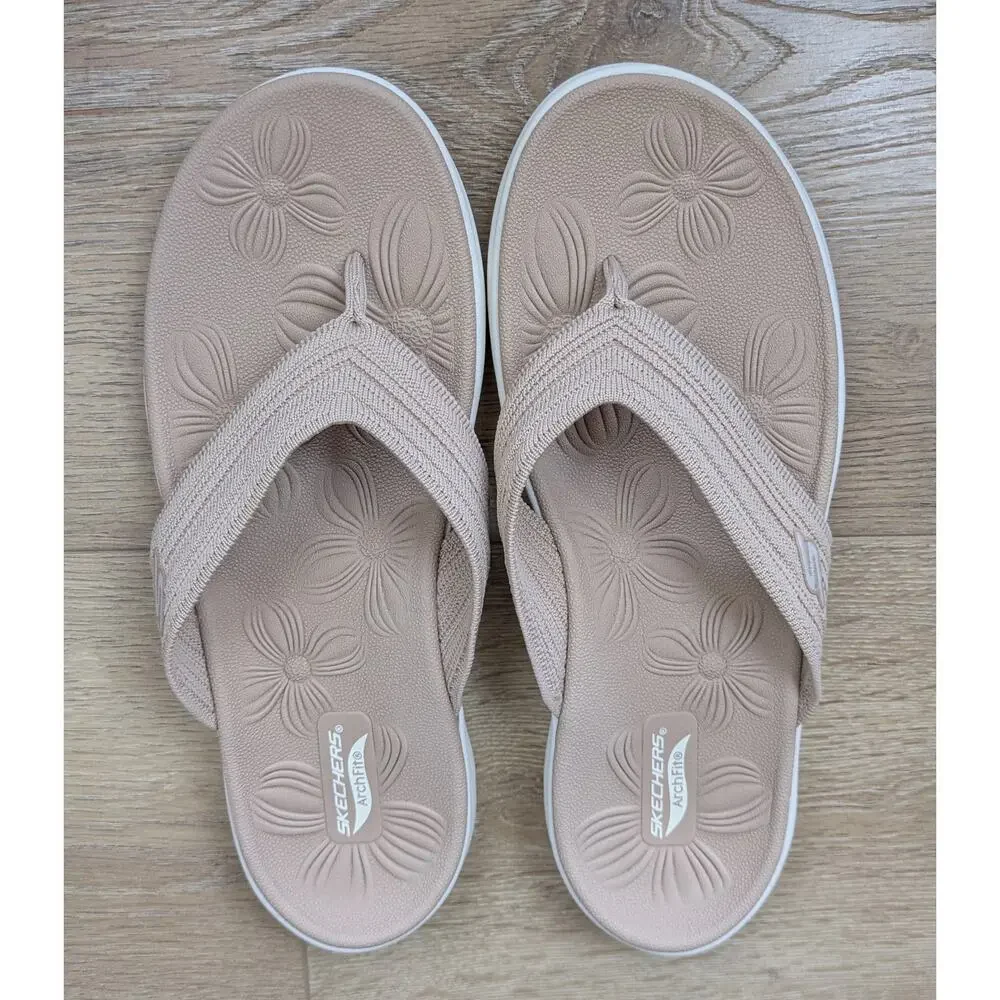 Skechers Arch Fit On The GO Sandals Womens 9 Taupe Knit Thong Flip Flops NEW